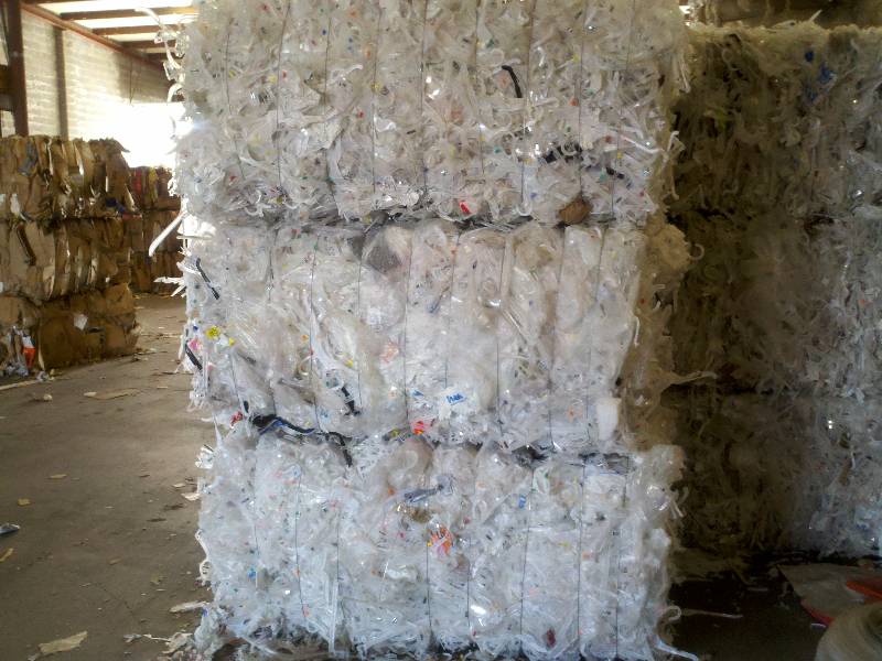 A stack of plastic bags in a warehouse.