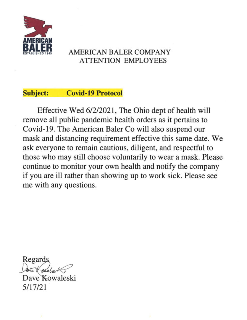A letter from the american baker company